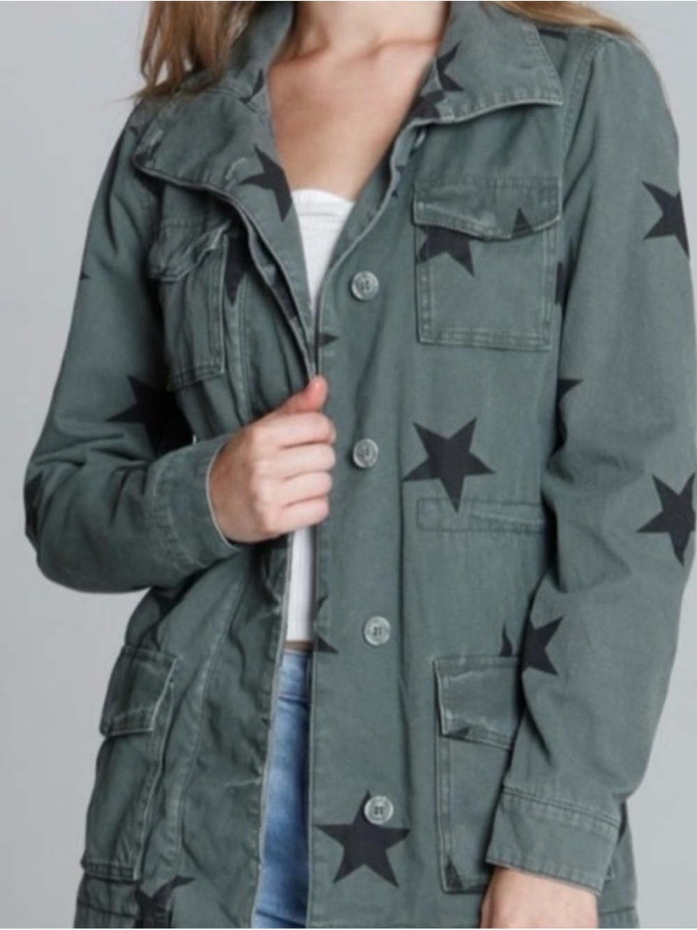 DRIFTWOOD /Sundance Star Print Military Utility Field /Edgy Jacket Olive Green
